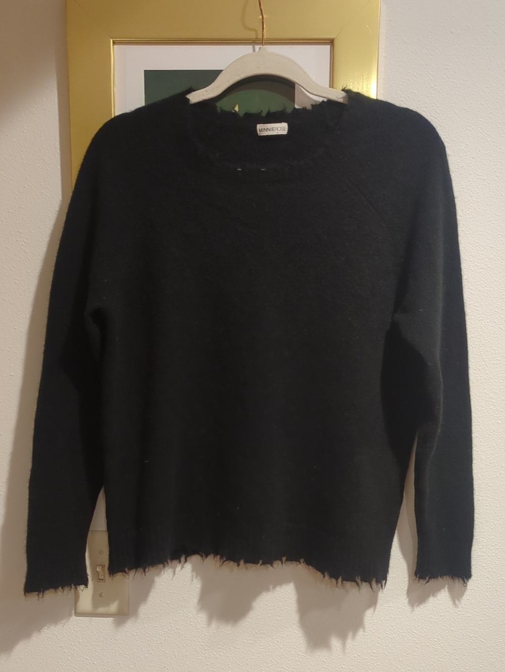 Minnie Rose Cashmere Frayed Edge Cropped Black Crew Neck Sweater